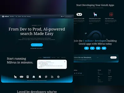 Landing Page Concept for Milvus, Open-source vector database ai darkmode landingpage webdesign website
