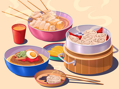 Lunch in Korean style art artwork broth dinner fish cake food food art illustration illustration art lunch mandu noodles radish steam street food