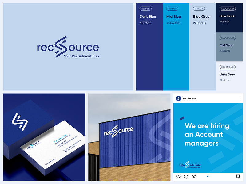 Branding for Rec Source blue branding business business card color palette dark blue design graphic design gray job portal light logo monochrome post sign social media truck driver uk vector