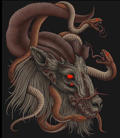 Rotten goat head with three coiled snakes design graphic design illustration