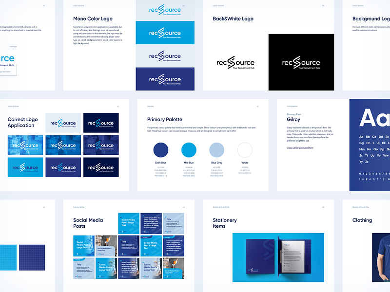 Brand book for REC Source blue brand application brand book branding business clothing color palette design graphic design guidelines job portal logo logo variants pattern printing social media truck driver typography uk vector