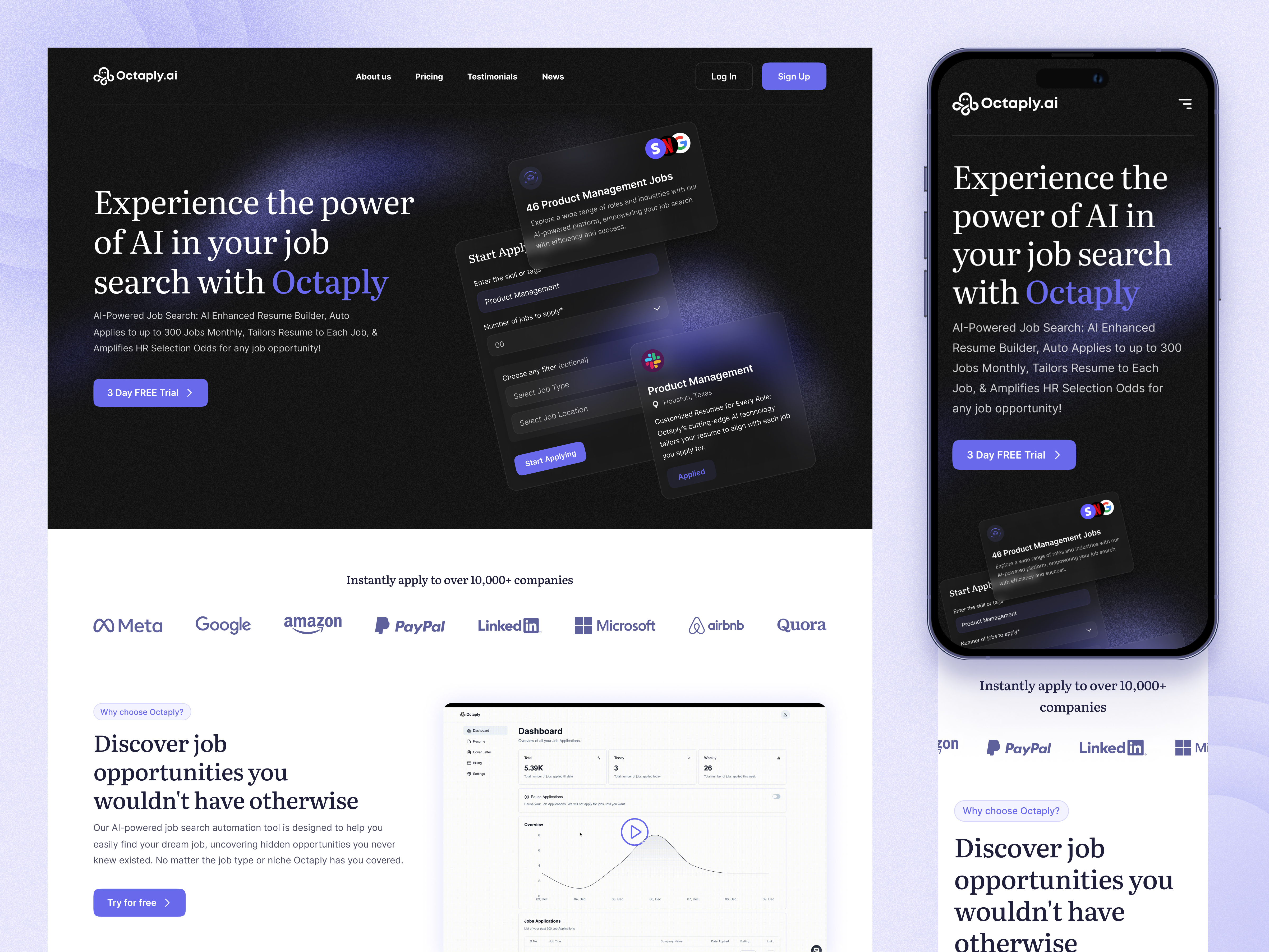 Octaply.ai - AI-Powered Job Search Landing Page ai ai job hunting ai resume builder find job job job finder job hunt job hunt landing page job matching tool job searching job seeker website minimal ui ux webflow
