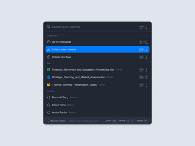 🔍︎ Quick actions dark mode dark mode mingcute ui componets ui design web design