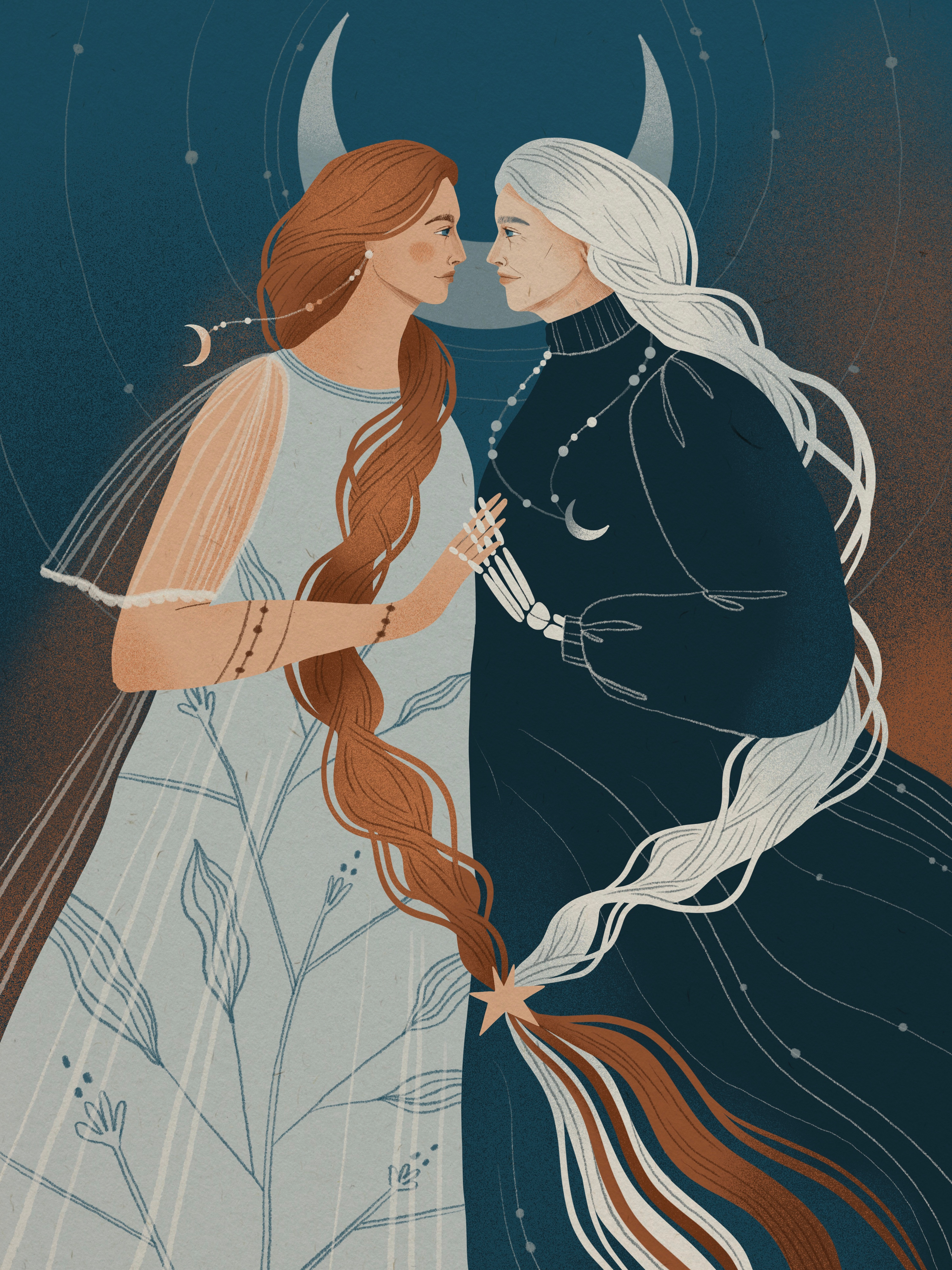 Moon phases | Magic digital illustration | mystical art art celestial digital fairytail fantasy feminine flat hand drawn illustration magic moon mystic phases procreate sky woman