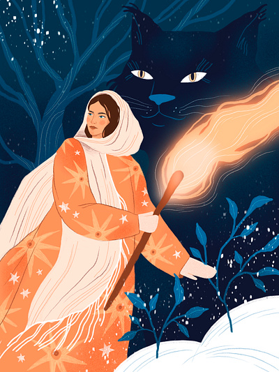 Yule: day of Winter Solstice cat celebration fairytail festival hand drawn magic mystic procreate winter woman