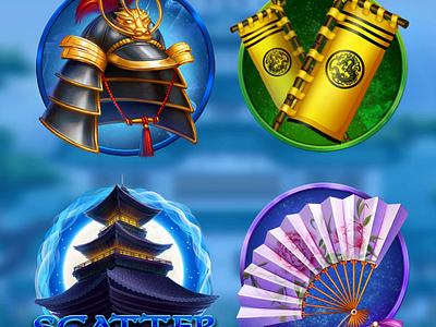 Online slot game "Sword of Shoguns" - Motion design of the slot animation character animation fan flag gambling game animation game art game design graphic design helmet japanese slot japanese symbols motion graphics slot animation slot symbols symbols symbols animation temple