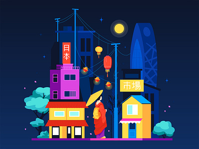 Japanese street at night Illustration character culture design flat design illustration japan japanese landmark night street style tourism travel vector