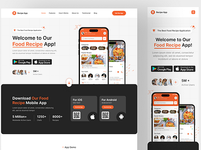 Food Recipe Mobile App Landing Page UIUX Design | Figma | Web UI app app design app landing page design designer designs figma food recipe app landing page landing page responsive websote ui uiux design usa user interface ux web design web designs web ui website website ui design