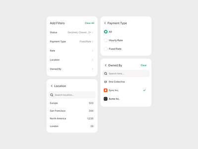 Filters / Components app cards clean component design filter drilldown filters list search select table tree ui user interface ux