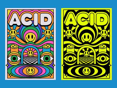 ACID GROOVY POSTER DESIGN 90s abstract acid art cartoon colorful cool cute design groovy illustration linear optical illusion poster print psychedelic retro smile trendy y2k