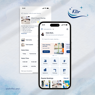 Klir - Home Cleaning services Mobile App aesthetics canva cleaning figma figma design home services app ios app minimalism mobile app trending ui design user experience