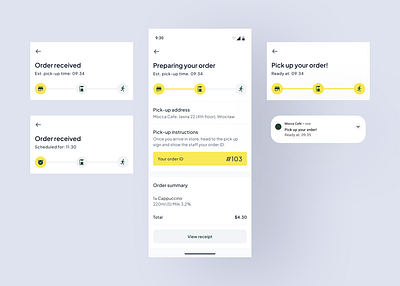 Order tracking | Office cafe android coffee e commerce mobile order progress push queue status tracking ui ux