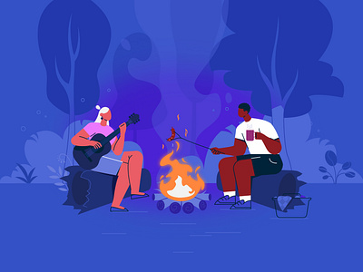 Campfire in the Forest animation campfire character couple design explainer video fire flat forest fun graphics grill guitar illustration motion people vector