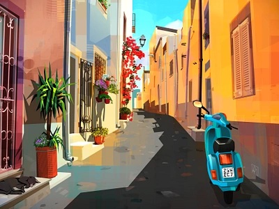 Lazy Day cat colourful illustration italy lazy print street sunny vector warm