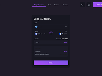 Bridge & Borrow Chain Abstraction screen 1 Dark mode blockchain borrow bride chain abstraction crypto borrowing and lending cryptocurrency web3