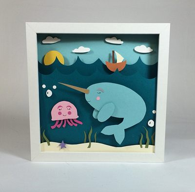 Ocean Animals 3d boat childrens illustration design illustration jellyfish narwhal papercutout