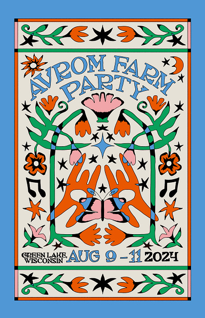 Avrom Farm Party 2024 Poster dancing design drawing farm floral illustration music party poster pretty summer wisconsin