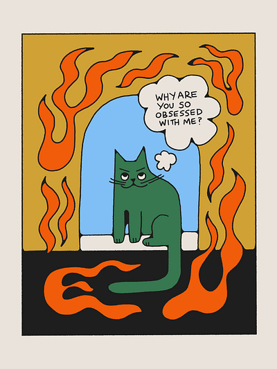 Why are you so obsessed with me? book cat comic drawing flames funny haha illustration kitty lol zine