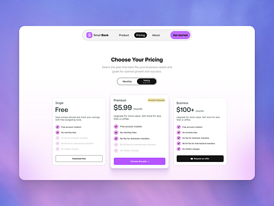 Smart Bank - Concept Of Pricing Section fresh landingpage light mode modern pricing pricing section professional ui uiux uiux design ux