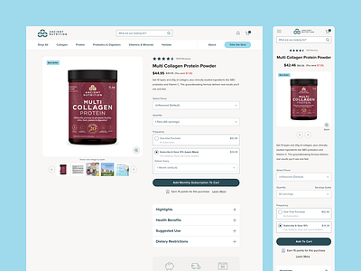 Ancient Nutrition PDP ancient blue branding capsoles commerce graphic design health nutrition powder product protein shop supplements teal ui ux web wellbeing