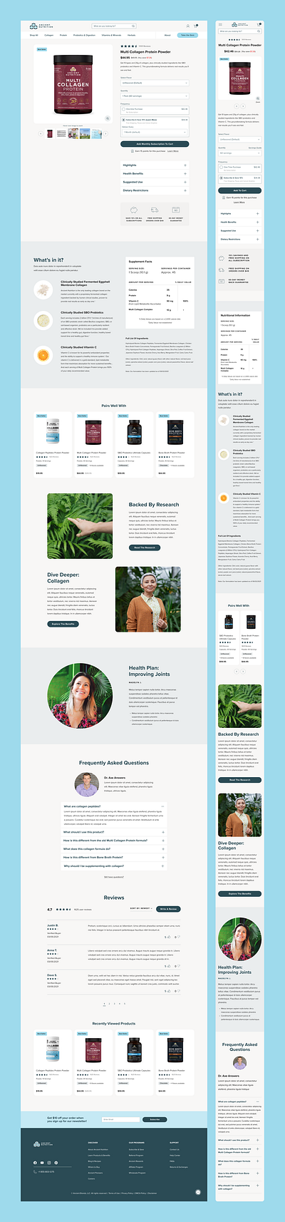 Ancient Nutrition PDP ancient blue branding capsoles commerce graphic design health nutrition powder product protein shop supplements teal ui ux web wellbeing