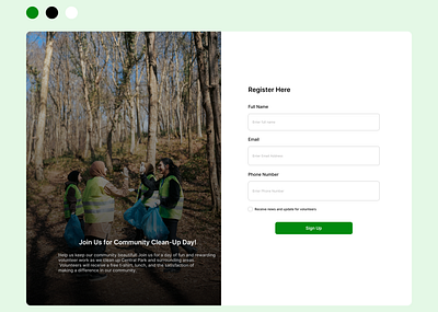 Community Clean-Up Day Volunteer Sign up Page daily ui day 1 entry level ui ux