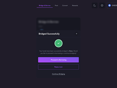 Bridge & Borrow Chain Abstraction Screen 2 Dark mode blockchain borrow bridge cryptocurrency web 3 bridge and borrow web3