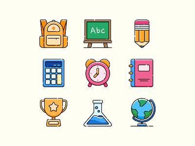 School Supplies Icons icon illustration line linear color school set supplies vector