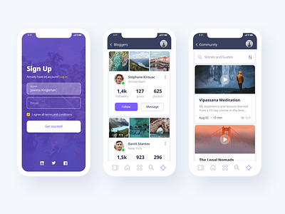 Mobile Travel Blog community platform content sharing mobile sign up mobile ui design social media integration travel app ui travel bloggers travel community travel inspiration travel network travel stories user engagement user interface user profiles ux design
