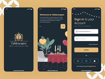 Tablescapes - Table booking app app design hotel booking hotel booking app login login screen modern design modern theme new design ideas onboarding onboarding screen table booking app table design thisuix trending design trends