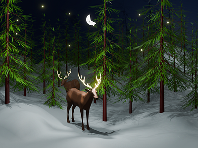 Deer around trees at night - 3D illustration 3d design 3d illustration 3d model blender deer design forest illustration tree