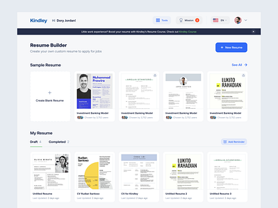 Kindley - Resume Builder Dashboard b2b builder clean curriculum vitae cv builder dashboard dipa inhouse hr human resource modern product design recruitment resume builder saas startup ui ui design web app