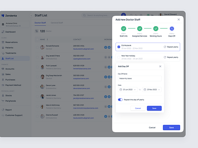 Zendenta - Add New Doctor Staff - Days Off add staff clinic day off dental management product design saas ui ui design ux ux design web app web design