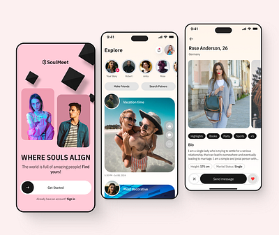 SoulMeet - Dating App Design Concept app design dating dating app design interface mobileapp product design social media ui ui design uiux uiux design ux ux design