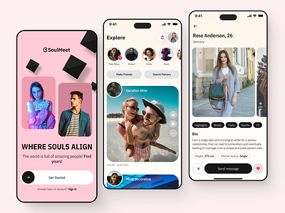 SoulMeet - Dating App Design Concept app design dating dating app design interface mobileapp product design social media ui ui design uiux uiux design ux ux design