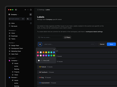 Managing Labels admin label admin labels choose color color label color palette generator color picker colorcoding creating label hex html color picker label label color label colors labels modal new label quick color picker rgb select color system color picker