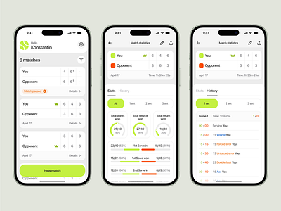 First Serve — Handy tennis tracker app 3d app authorization balls cards design green history illustration iphone match mobile onboarding score sport stats tennis ui