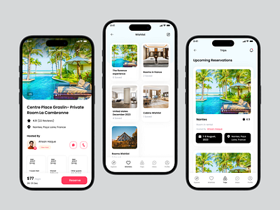 Hotel Booking App Desing, Details, Wishlist ,Trips Page Design book branding dailyui design details page hotel room booking travel trips page ui ux wishlist page