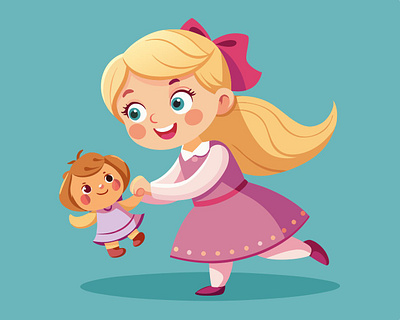 Happy kid with a doll girl illustration kid vector