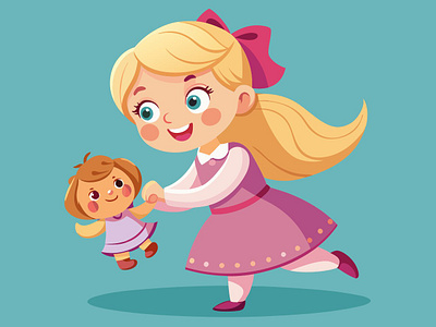 Happy kid with a doll girl illustration kid vector