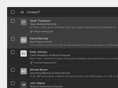 Email message list dark mode date delete design exploration email message list emails figma from mark as read message option product design profile select subject ui unread ux web web design