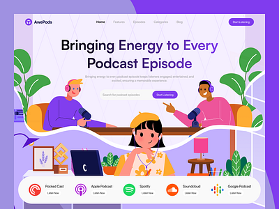 Podcast Website Homepage - Awepod 2d illustration branding design graphic design homepage illustration illustration podcast website illustration web design illustration website landing page pod podcast podcast landing page podcast platform ui ux vector vector website web app web ui