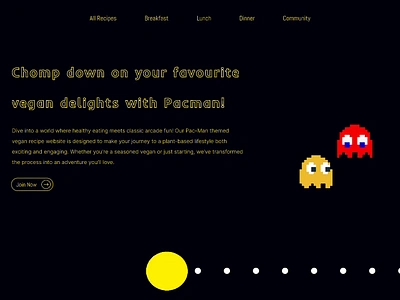 Pacman-themed homepage for a vegan recipe website carbon footprints fun game gamification ghosts graphic design homepage landing page pacman recipe recipes sustainability ui uiux ux vegan vegetarian website website design