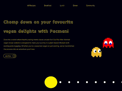 Pacman-themed homepage for a vegan recipe website carbon footprints fun game gamification ghosts graphic design homepage landing page pacman recipe recipes sustainability ui uiux ux vegan vegetarian website website design