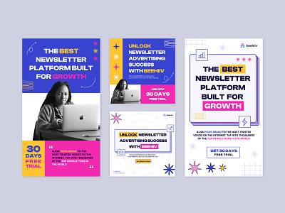 A/B Testing ads and social media for a newsletter platform ads advertisement beehiv branding brutalism design graphic design illustration instagram newsletter post social media square static ads story ui ux vertical