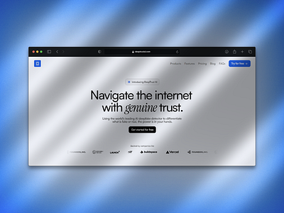 DeepTrust ai ai landing page ai website blue site design framer framer site landing page productize agency ui