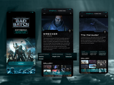 Star Wars Databank BB app bad batch blue brian white dark theme design futuristic galaxy product sci fi star wars technical ui ui design