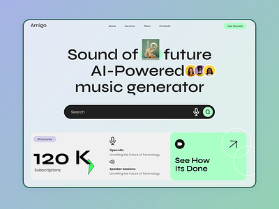 AI Music Generator Website UI ai generated music ai powered platform ai startup ai streaming apple music artist audio design music label music startup musical landing page playlist saas website song sound design spotify stream streatming service ui web design