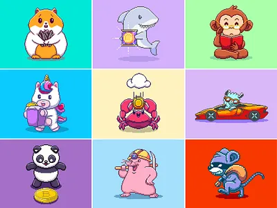 Random Animals Pixel Art🐵🦀🦈 8 bit animals coin crab cute doodle game hamster icon illustration logo monkey mouse pixel pixel art retro shark unicorn vector vintage