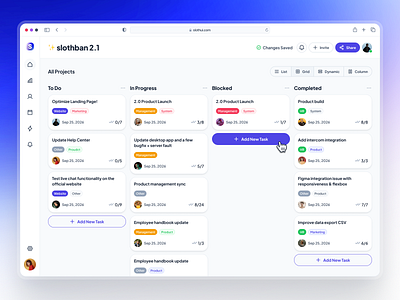 slothUI: World's Laziest Design System | SaaS Kanban DashboardUI blue clean dashboard dashboard ui design system gradient kanban kanban app kanban card kanban card ui kanban dashboard kanban design kanban ui minimal project management app project management dashboard purple saas soft ui kit